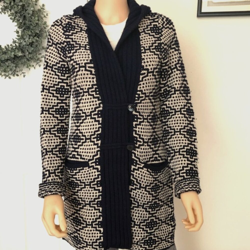 Anthropologie Fiets Voor 2 Tasseled Jacquard Cardigan Wool Blend Navy/Cream Sz L